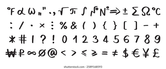 Scribble black special mathematical symbols, numbers and signs. Symbols are handwritten characters from the keyboard. Vector illustration