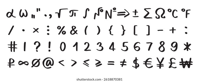 Scribble black special mathematical symbols, numbers and signs. Symbols are handwritten characters from the keyboard. Vector illustration