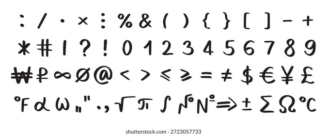 Scribble preto símbolos matemáticos especiais, números e sinais. Símbolos são caracteres manuscritos do teclado. Ilustração vetorial