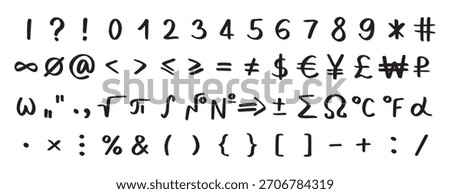 Scribble black special mathematical symbols, numbers and signs. Symbols are handwritten characters from the keyboard. Vector illustration