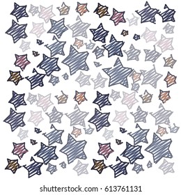Scribble Blue and Dark Red Stars of Different Color Tone and Size on White Background
