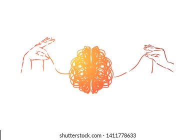 Scribble brain, hands untangling mind thread, problem solving metaphor. Neurological problem, disease, psychological help, depression and obsession concept sketch. Hand drawn vector illustration