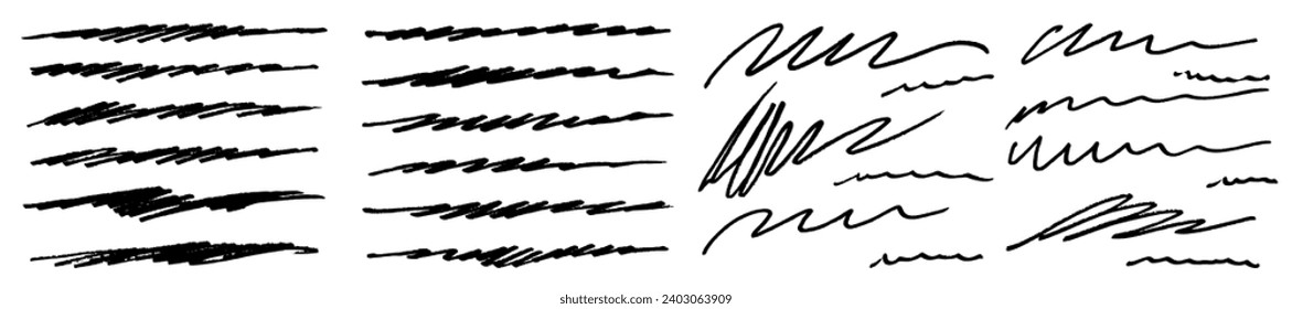 Scribble brush line vector strokes. Black paint hand drawn stripes, smears. Japanese calligraphy marker brushstrokes set. Rough grunge thick paint line texture. Vector sketch black scribble underlines