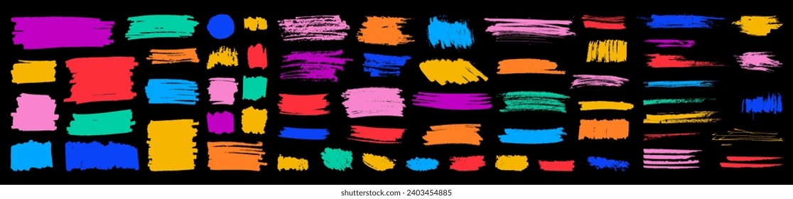 Scribble brush line vector strokes. Bright colorful childish paint hand drawn stripes, smears. Calligraphy marker brushstrokes set. Rough grunge thick paint line texture. Vector kids sketch scribbles