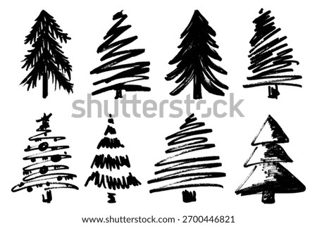 Scribble Brush Stroke Christmas Trees Silhouettes Set. Hand drawn black brush painted Christmas trees. Doodle markers drawn fir trees for New Year and Christmas cards, posters, cover, wrapping paper 
