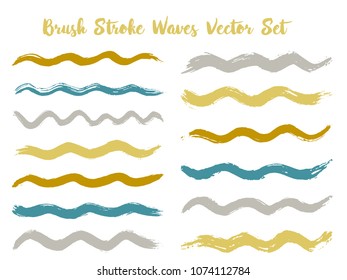 Scribble brush stroke waves vector set. Hand drawn grey teal brushstrokes, ink splashes, watercolor splats, hand painted curls. Interior colors scheme swatches. Textured waves, stripes design.