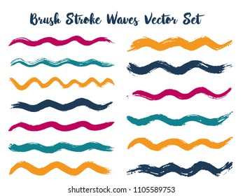 Scribble brush stroke waves vector set. Hand drawn teal orange brushstrokes, ink splashes, watercolor splats, hand painted curls. Interior colors guide book swatches. Wavy stripes vector set.