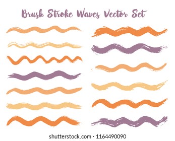 Scribble brush stroke waves vector set. Hand drawn orange violet brushstrokes, ink splashes, watercolor splats, painted curls. Interior paint color palette elements. Textured waves, stripes design.