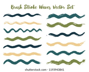 Scribble brush stroke waves vector set. Hand drawn green khaki brushstrokes, ink splashes, watercolor splats, hand painted curls. Interior colors guide book elements. Wavy stripes vector set.