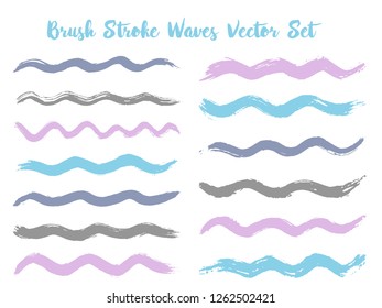 Scribble brush stroke waves vector set. Hand drawn blue violet brushstrokes, ink splashes, watercolor splats, hand painted curls. Vector ink traces, color combinations. Textured waves, stripes design.