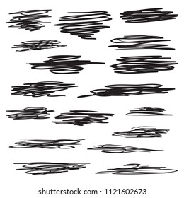 Scribble brush strokes set, logo design element Vector. Set of hand drawn line borders, frames. Sketch strokes isolated on white. Vector Doodle style brushes