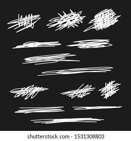 Scribble brush strokes set, vector logo design element on black background