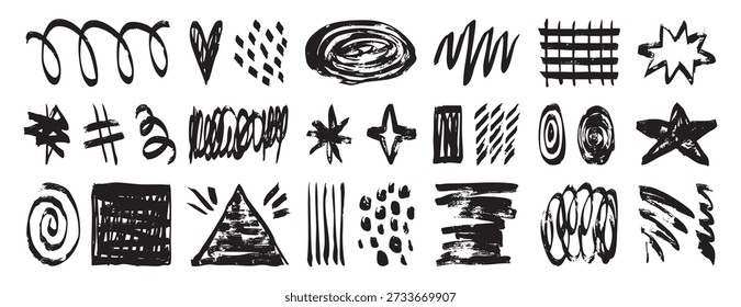 Scribble brush textured shapes marker set collection doodle hand drawn icon. Outline drawing star line clipart symbol. Vector illustration