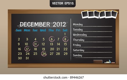 Scribble calendar on the blackboard and sticky tape on photo frame. December 2012 Vector template for design work