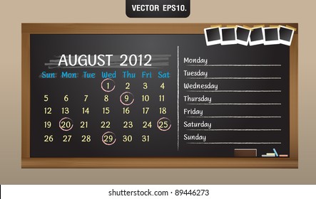 Scribble calendar on the blackboard and sticky tape on photo frame. August 2012 Vector template for design work