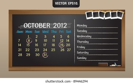 Scribble calendar on the blackboard and sticky tape on photo frame. October 2012 Vector template for design work