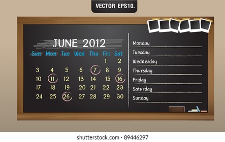 Scribble calendar on the blackboard and sticky tape on photo frame. June 2012 Vector template for design work