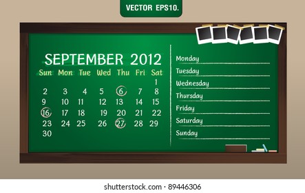 Scribble calendar on the blackboard and sticky tape on photo frame. September 2012 Vector template for design work