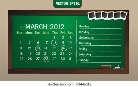 Scribble calendar on the blackboard and sticky tape on photo frame. March 2012 Vector template for design work