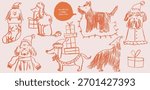 Scribble chalk or charcoal style christmas dogs drawing. Hand drawn winter puppy sketches, wax crayon funny whimsical grunge charcoal art for new year tshirt print, placard, poster or greeting card.