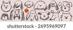 Scribble chalk or charcoal style dogs drawing. Hand drawn puppy sketches, wax crayon outline funny whimsical grunge charcoal art for tshirt print, placard, poster or isolated doodle stickers.