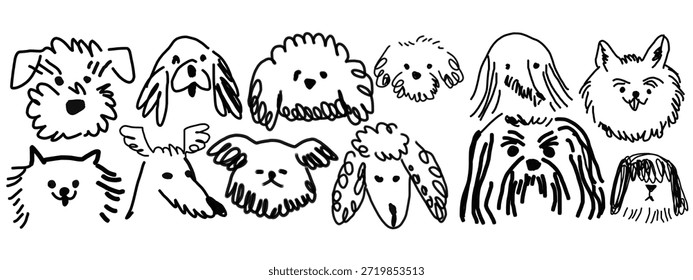 Scribble chalk or charcoal style dogs drawing. Hand drawn puppy sketches, wax crayon outline funny whimsical grunge charcoal art for tshirt print, placard, poster or isolated doodle stickers