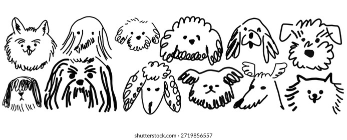 Scribble chalk or charcoal style dogs drawing. Hand drawn puppy sketches, wax crayon outline funny whimsical grunge charcoal art for tshirt print, placard, poster or isolated doodle stickers.eps
