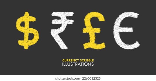 Scribble Chalk Style Rupee Dollar Pfund Euro-Währung Zeichen Vektorgrafik