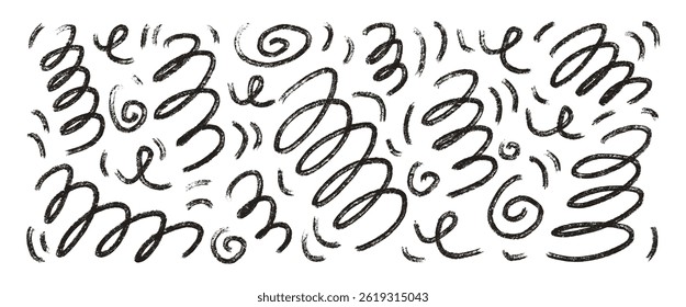 Scribble chalk wavy shapes. Squiggle hand drawn confetti set. Vector black and white grunge crayon brush strokes lines collection. Curve and swirls vector doodle elements. Curly ink brush spirals.