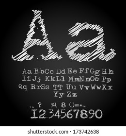 Scribble chalk white alphabet drawn on a black chalkboard vector