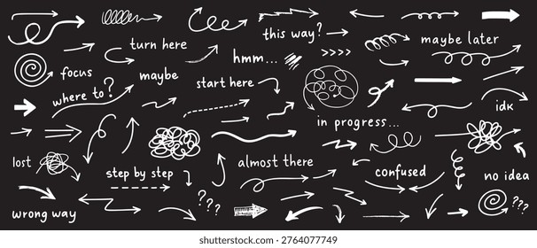 Scribble chaos arrows collection. Hand drawn scribble arrows represents different ways, choosing decisions and problem solving isolated on black background.