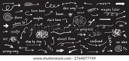 Scribble chaos arrows collection. Hand drawn scribble arrows represents different ways, choosing decisions and problem solving isolated on black background.