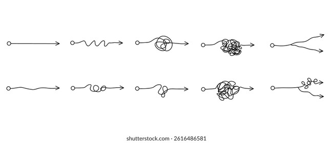 Scribble chaos lines with arrows. Simplifying mind process. Process of understanding. Work with a psychologist. Hand drawn doodle vector illustration isolated on white background.