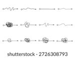 Scribble chaos tangled line with arrow. Simplifying mind brain process. Process of understanding. Work with psychologist. Hand drawn doodle vector illustration isolated on white background.