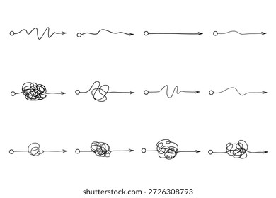 Garabato caos enredado línea con flecha. Simplificar el proceso del cerebro mental. Proceso de comprensión. Trabaja con un psicólogo. Dibujado a mano doodle Ilustración vectorial aislada sobre fondo blanco.