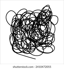 Scribble chaos tangled line. Doodle chaos thin line, curls, swirl, twirl, flourishes, chaotic lines. Simple vintage chaos line element isolated on white. Hand drawn chaos line, knot, wires, thread