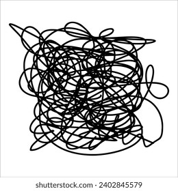 Scribble chaotic knot line. Doodle chaotic twisted knot thin line, curls, swirl, twirl, flourishes, chaotic lines. Simple vintage chaotic line element isolated on white. Hand drawn chaos line, knot