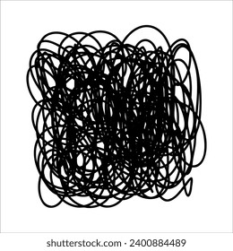 Scribble chaotic thin line. Doodle chaotic sketch line, curls, swirl, twirl, thread, flourishes, chaotic lines. Simple ink mess line element isolated on white. Hand drawn sketch depressive chaos line