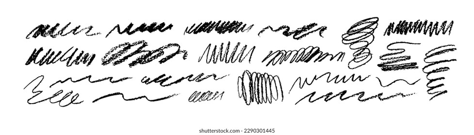 Scribble charcoal strokes vector set. Charcoal pencil curly lines and squiggles, swirls and spirals. Black pencil sketches, grunge style drawing. Scrawls and scratches texture. Graphite crayon lines.