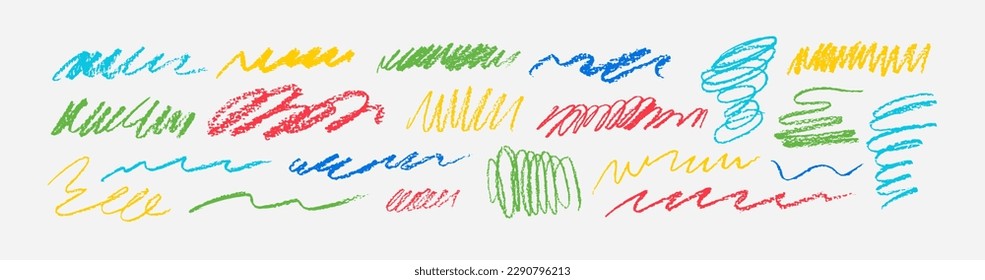 Scribble charcoal strokes vector set. Charcoal pencil curly lines and squiggles, swirls and spirals. Bright color pencil sketches, grunge style drawing. Scrawls texture. Childish crayon lines.