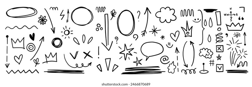 Scribble checkmark doodle comic set heart, arrow, highlight underline text vector cute minimalist simple illustration.