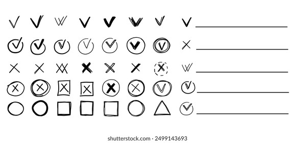 Scribble marca de verificación doodle dibujado a mano línea monocromo Elementos cómicos colección en grunge estilo graffiti Paquete de colección conjunto