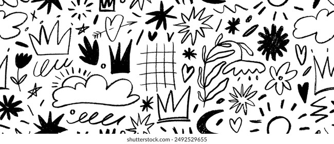 Scribble childish doodle seamless pattern. Crayon or chalk drawings. Hand drawn cute kids doodle background. Pencil flowers, crowns, stars and squiggles. Vector seamless punk pattern.