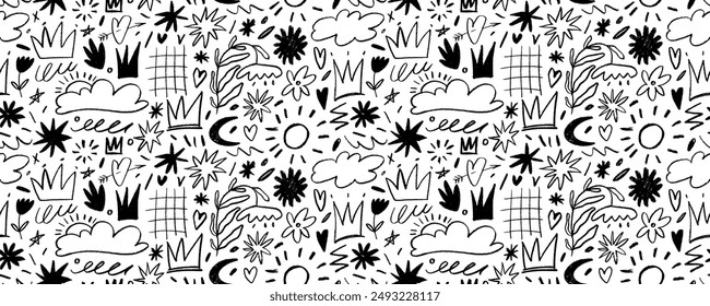 Scribble childish doodle seamless pattern. Crayon or chalk drawings. Hand drawn cute kids doodle background. Pencil flowers, crowns, stars and squiggles. Vector seamless punk pattern.