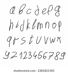 Scribble childlike lowercase black english alphabet abc latin font A to Z and digits 0 to 9 set. Vector illustration in doodle hand written style isolated on white background. For logo, card, design.