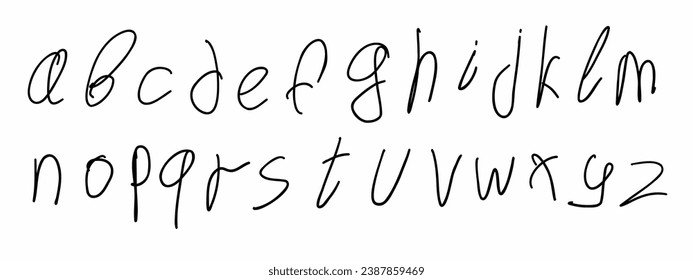 Colección de letras en latín latinas a Z del alfabeto inglés negro en minúscula. Ilustración vectorial en estilo escrito a mano de doodle aislado en fondo blanco. Para menú, aprendizaje, tarjeta, diseño.
