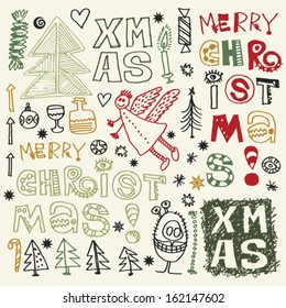 scribble christmas, funny doodles, hand drawn design elements 