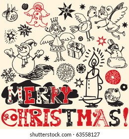 scribble christmas, funny doodles, hand drawn design elements