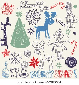 scribble christmas, funny doodles, hand drawn design elements