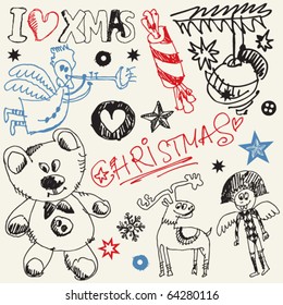 scribble christmas, funny doodles, hand drawn design elements